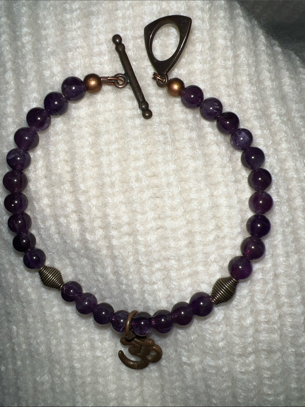 Purple Amethyst Bead Bracelet with Bronze Om Charm